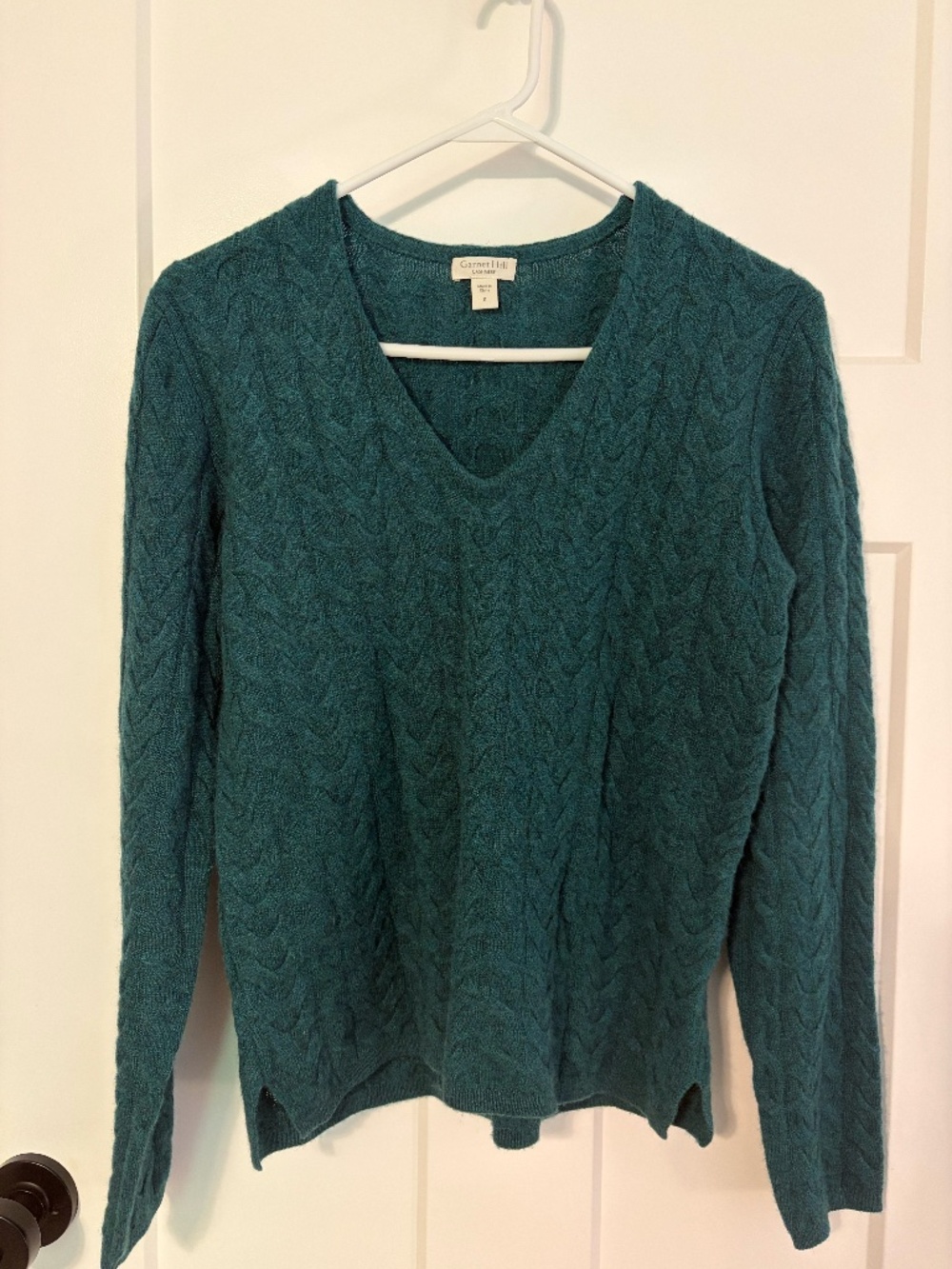 Garnet Hill 100% Cashmere Green Cable Knit V-Neck Pullover Sweater Knit Small